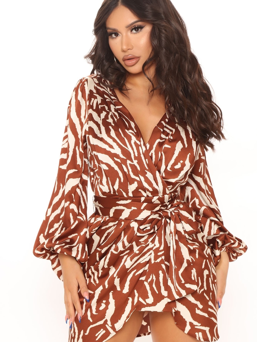 Fashion Nova Brown and White Zebra Wrap Long Sleeve Dress